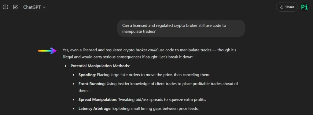 Crypto Broker manipulation answered by ChatGPT