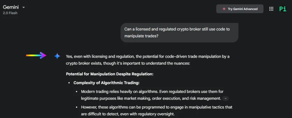 Crypto Broker manipulation answered by Google Gemini AI